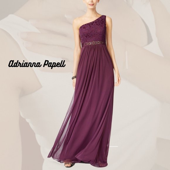 adrianna papell one shoulder lace stretch tulle gown currant size 6 - Picture 1 of 9